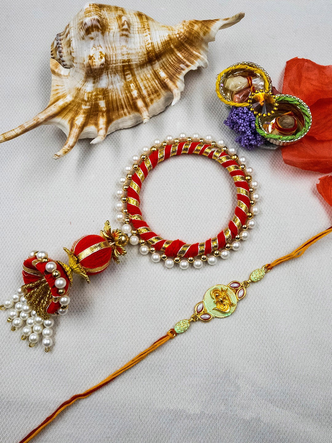 

StileAdda Set Of 2 Embellished Bhaiya Bhabhi Rakhi With Roli Chawal, Red