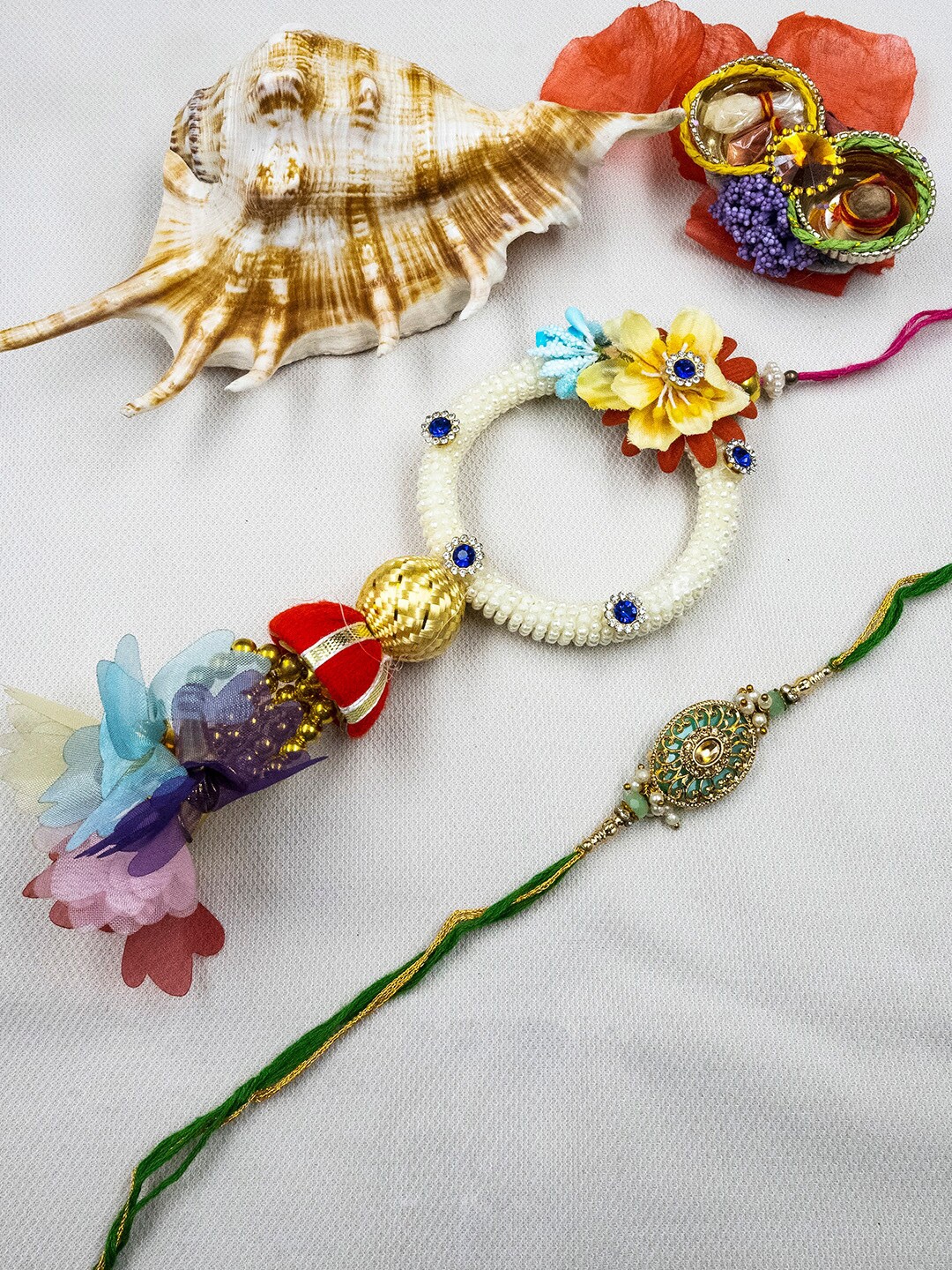 

StileAdda Set Of 2 Embellished Bhaiya Bhabhi Rakhi With Roli Chawal, White