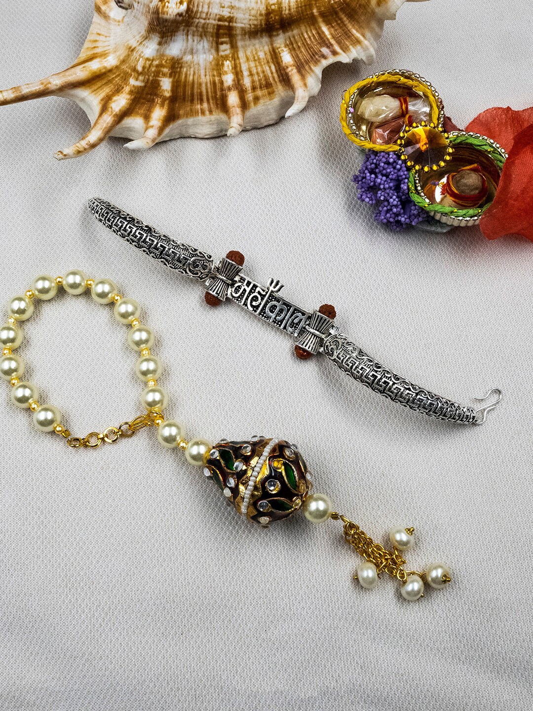 

StileAdda Set Of 2 Embellished Bhaiya Bhabhi Rakhi With Roli Chawal, Gold