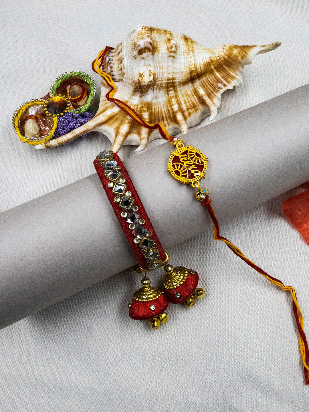 

StileAdda Set Of 2 Embellished Bhaiya Bhabhi Rakhi With Roli Chawal, Gold
