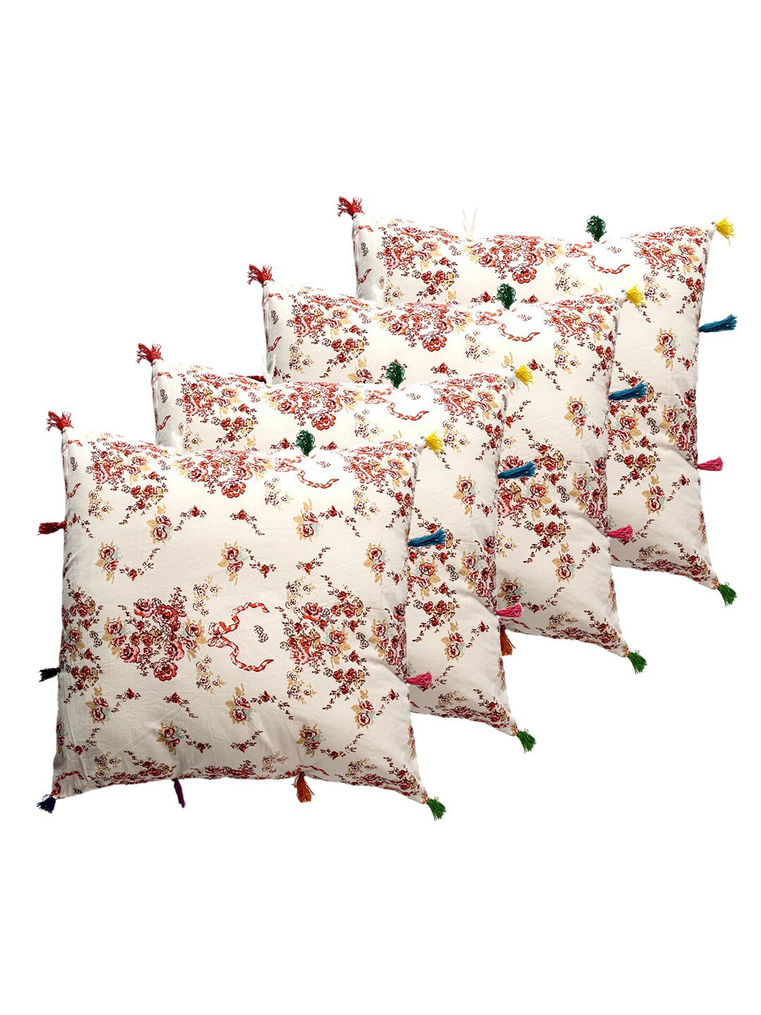 

Contrast Living Off White & Red 4 Pieces Floral Printed Cotton Square Cushion Covers