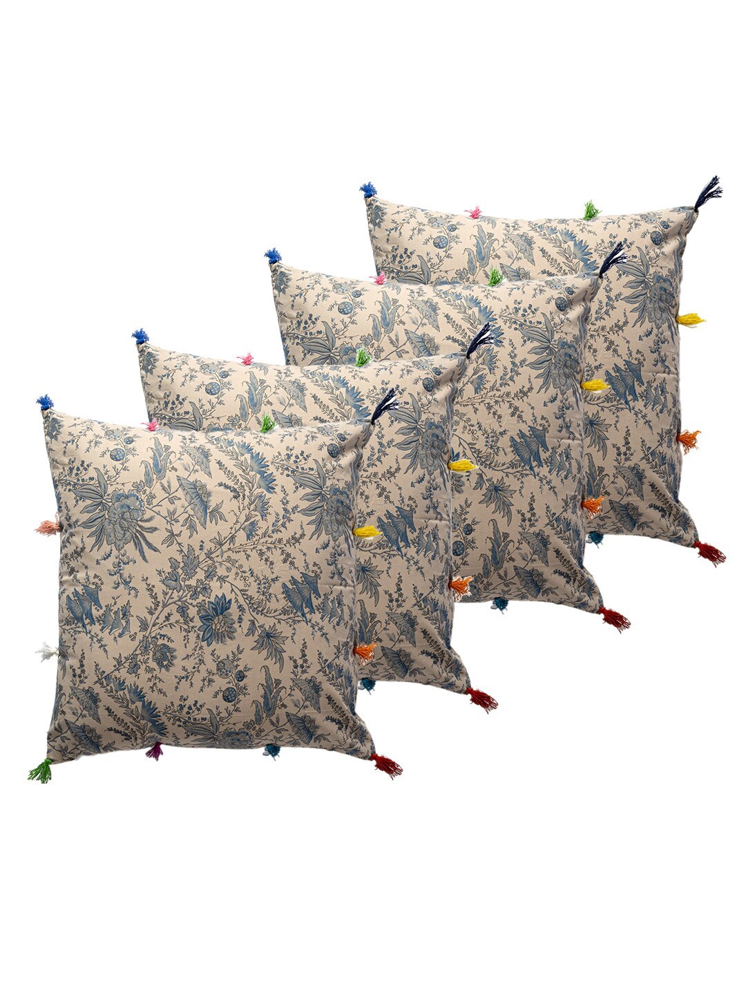 

Contrast Living Brown & Blue 4 Pieces Floral Cotton Square Cushion Covers