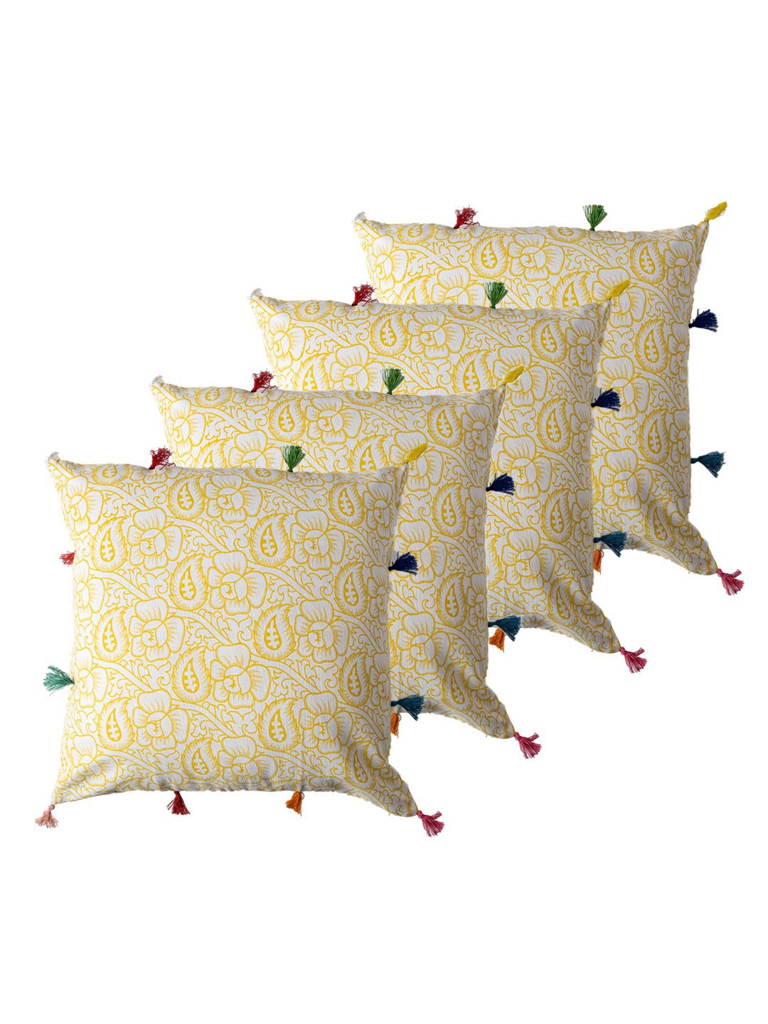 

Contrast Living 4 Pieces White & Yellow Ethnic Motifs Cotton Square Cushion Covers