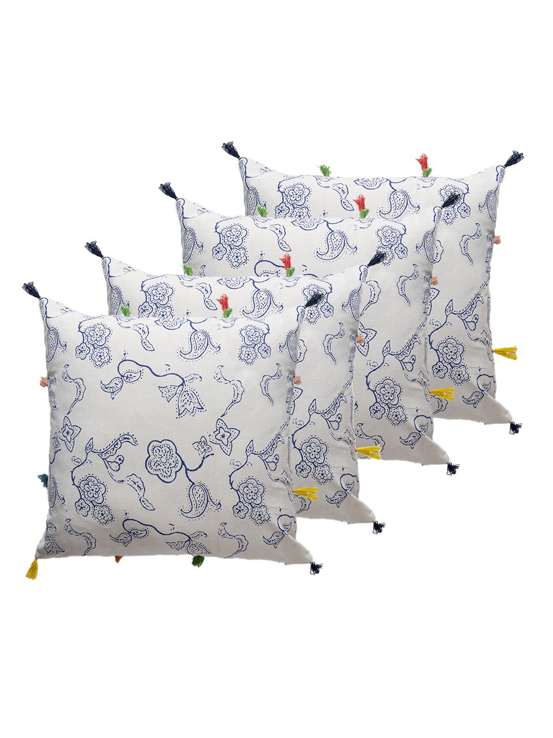

Contrast Living 4 Pieces White & Blue Ethnic Motifs Cotton Square Cushion Covers