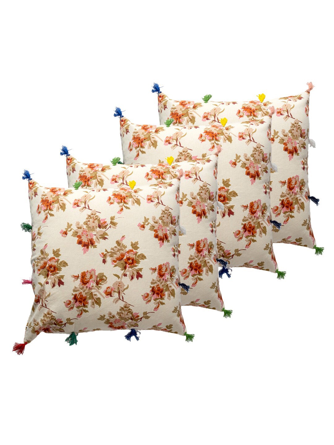 

Contrast Living Beige & Red 4 Pieces Floral Printed Cotton Square Cushion Covers
