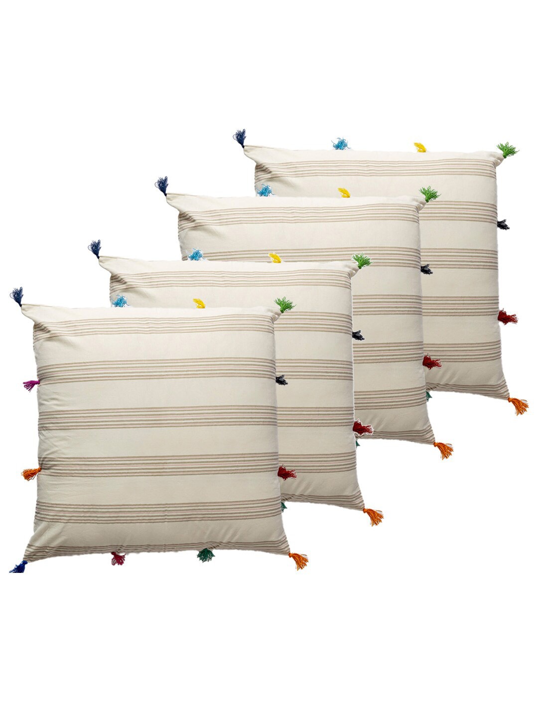 

Contrast Living Beige & Green 4 Pieces Striped Cotton Square Cushion Covers
