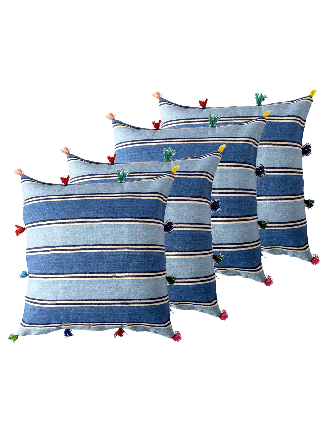 

Contrast Living Blue & White 4 Pieces Striped Cotton Square Cushion Covers