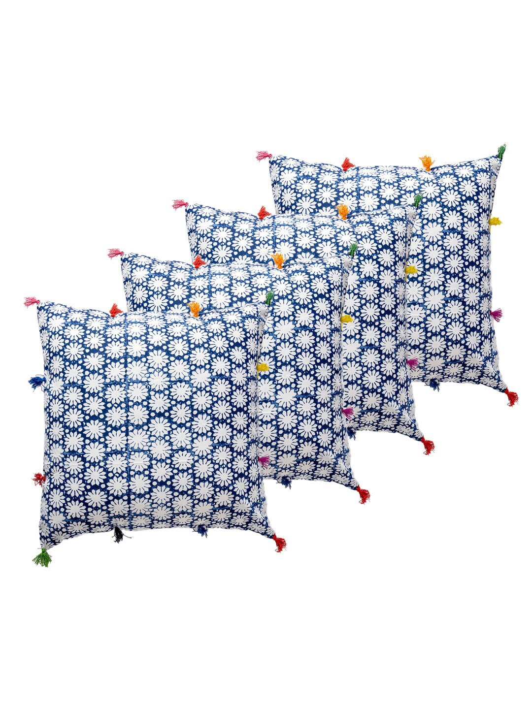 

Contrast Living Blue & White 4 Pieces Floral Cotton Square Cushion Covers