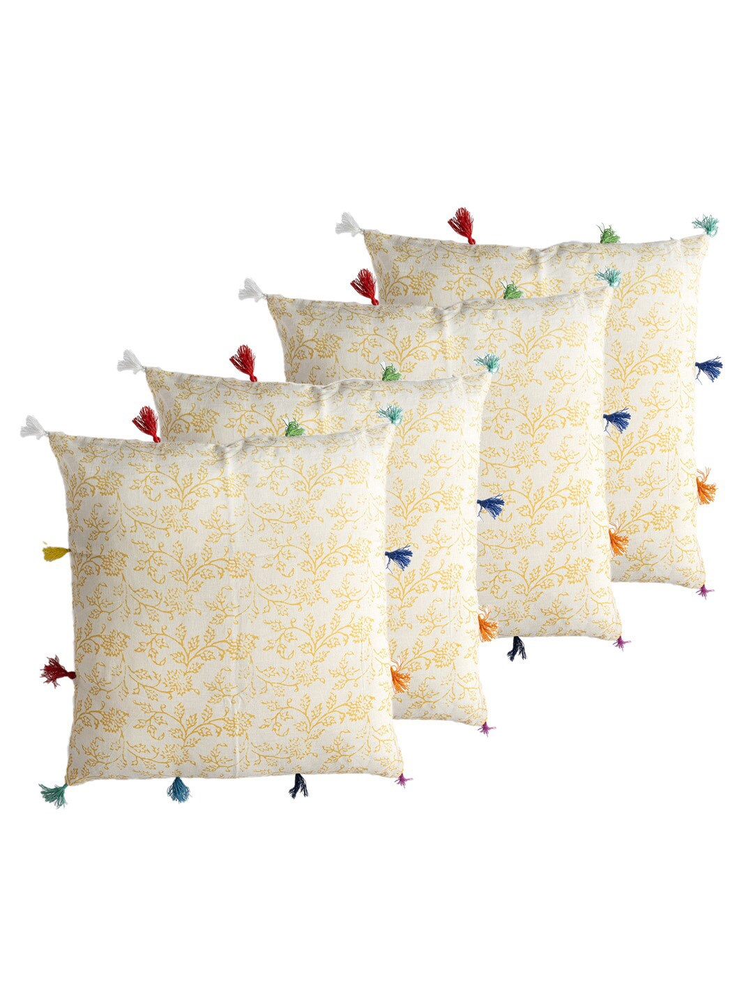 

Contrast Living Yellow & Off White 4 Pieces Floral Linen Square Cushion Covers