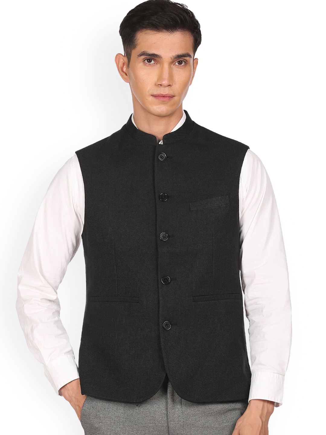 

Arrow Men Mandarin Collar Textured Nehru Jacket, Black