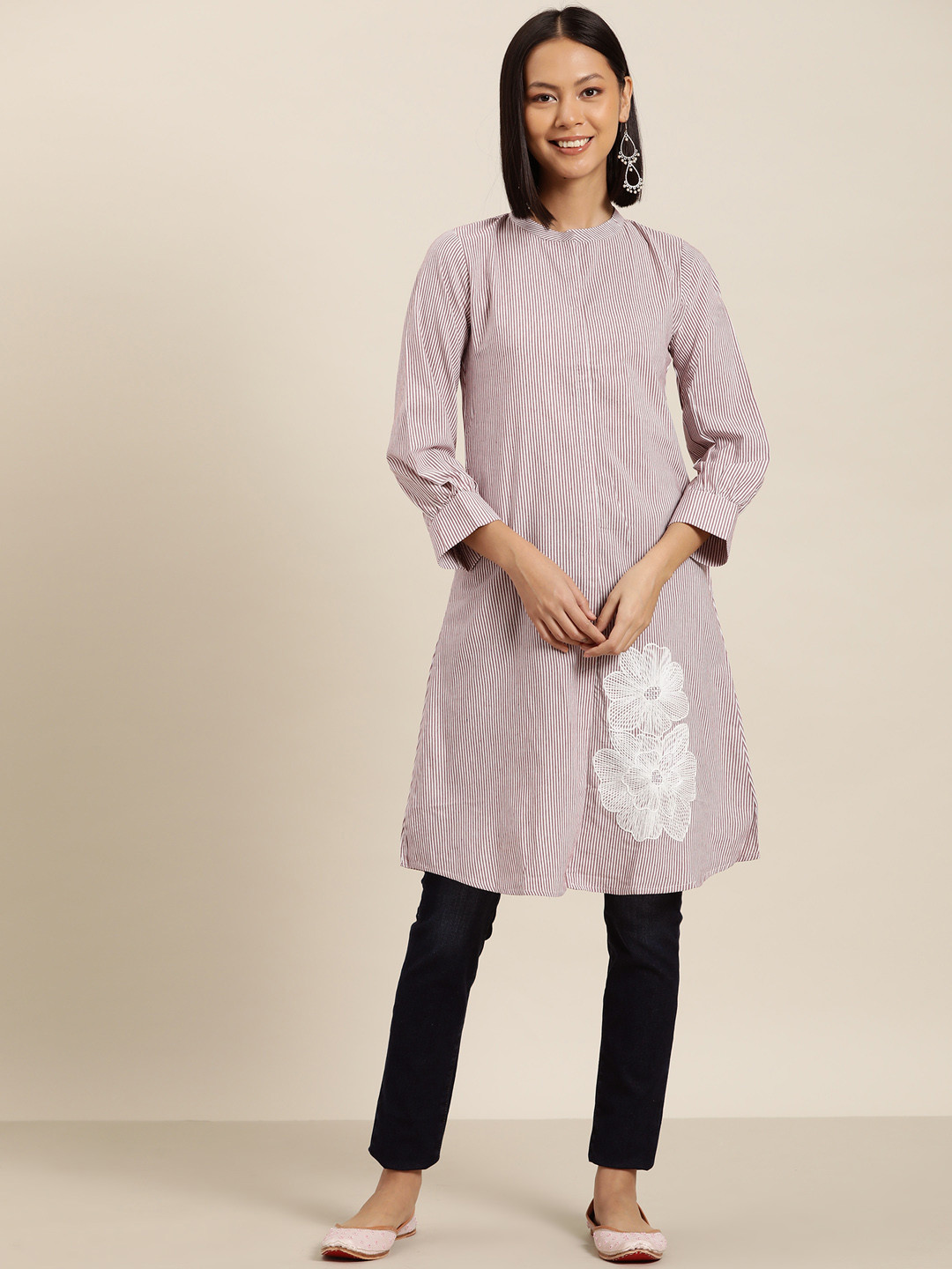 

HERE&NOW Women Striped Thread Work Cotton Kurta, White