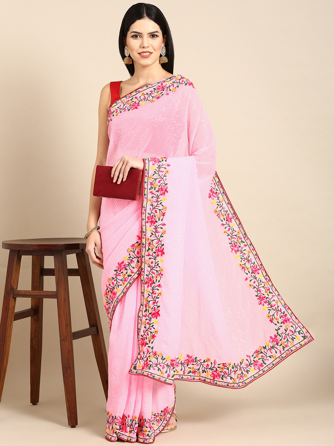 

Tasarika Embroidered Embellished Sequinned Saree, Pink