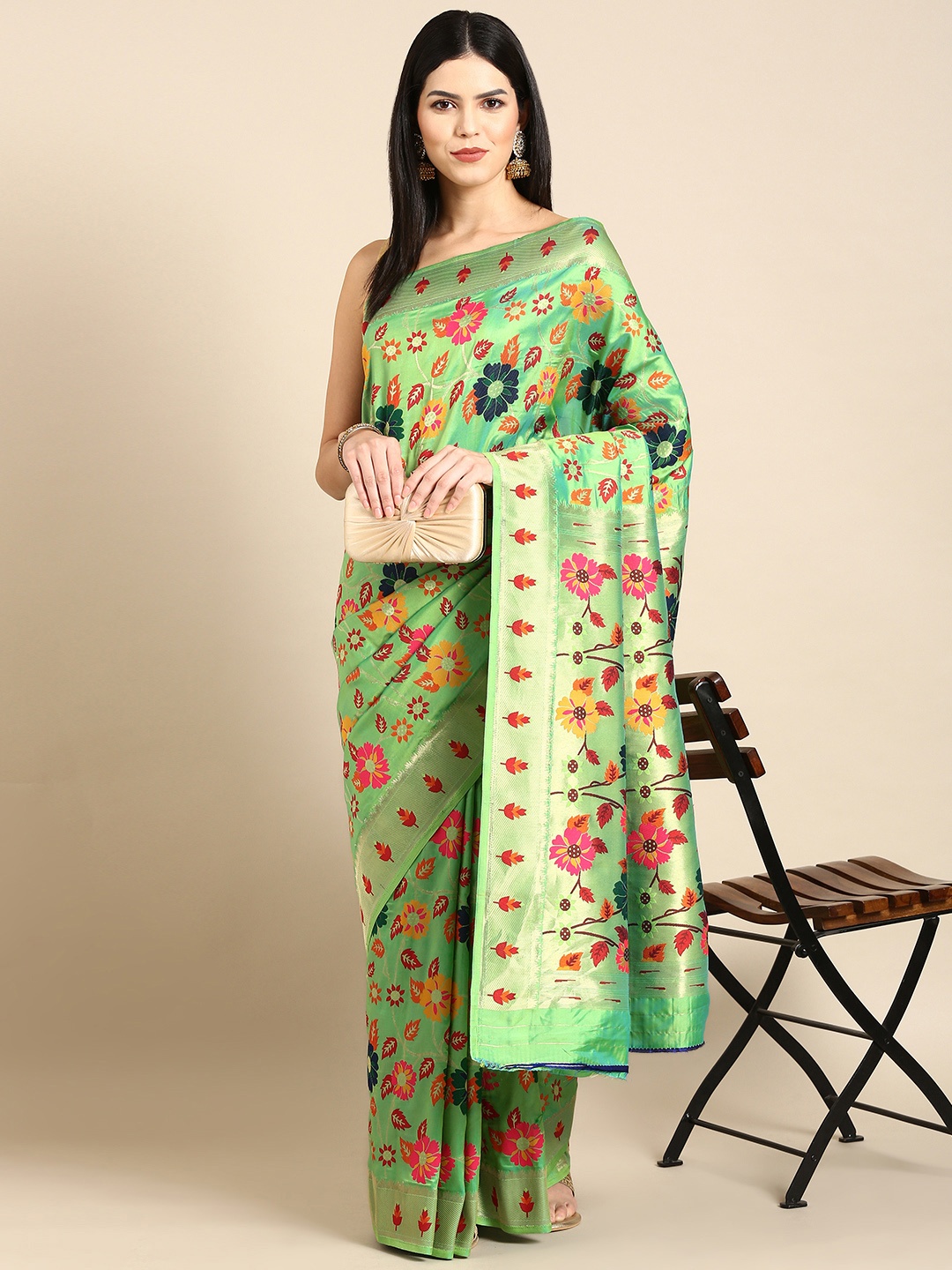 

Tasarika Woven Design Ethnic Motifs Zari Pashmina Saree, Green