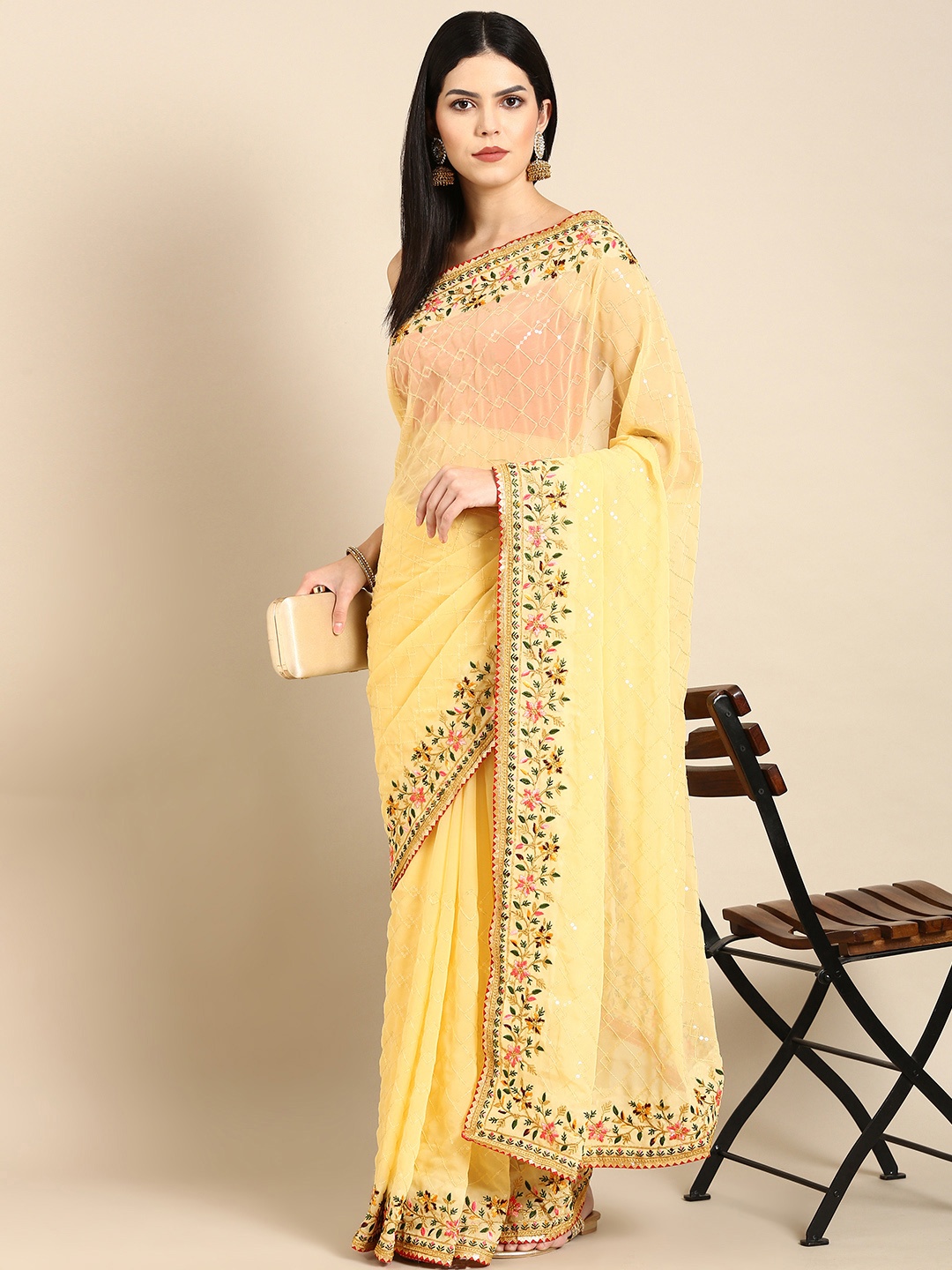 

Tasarika Embroidered Embellished Sequinned Saree, Yellow