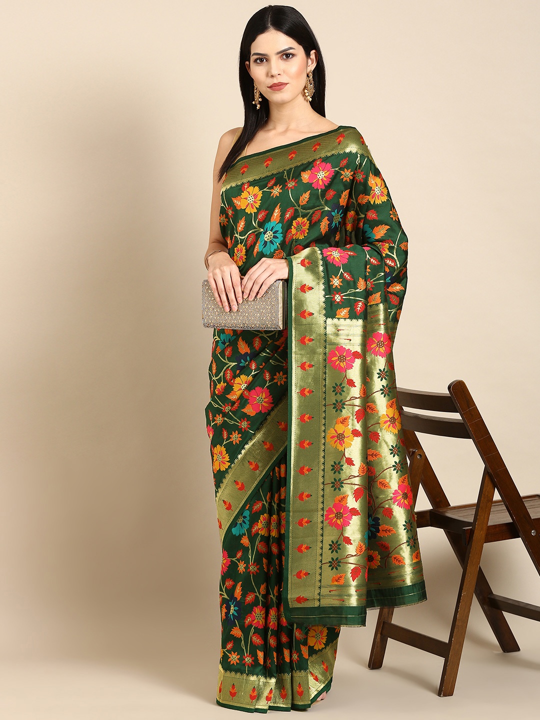 

Tasarika Woven Design Ethnic Motifs Zari Pashmina Saree, Green