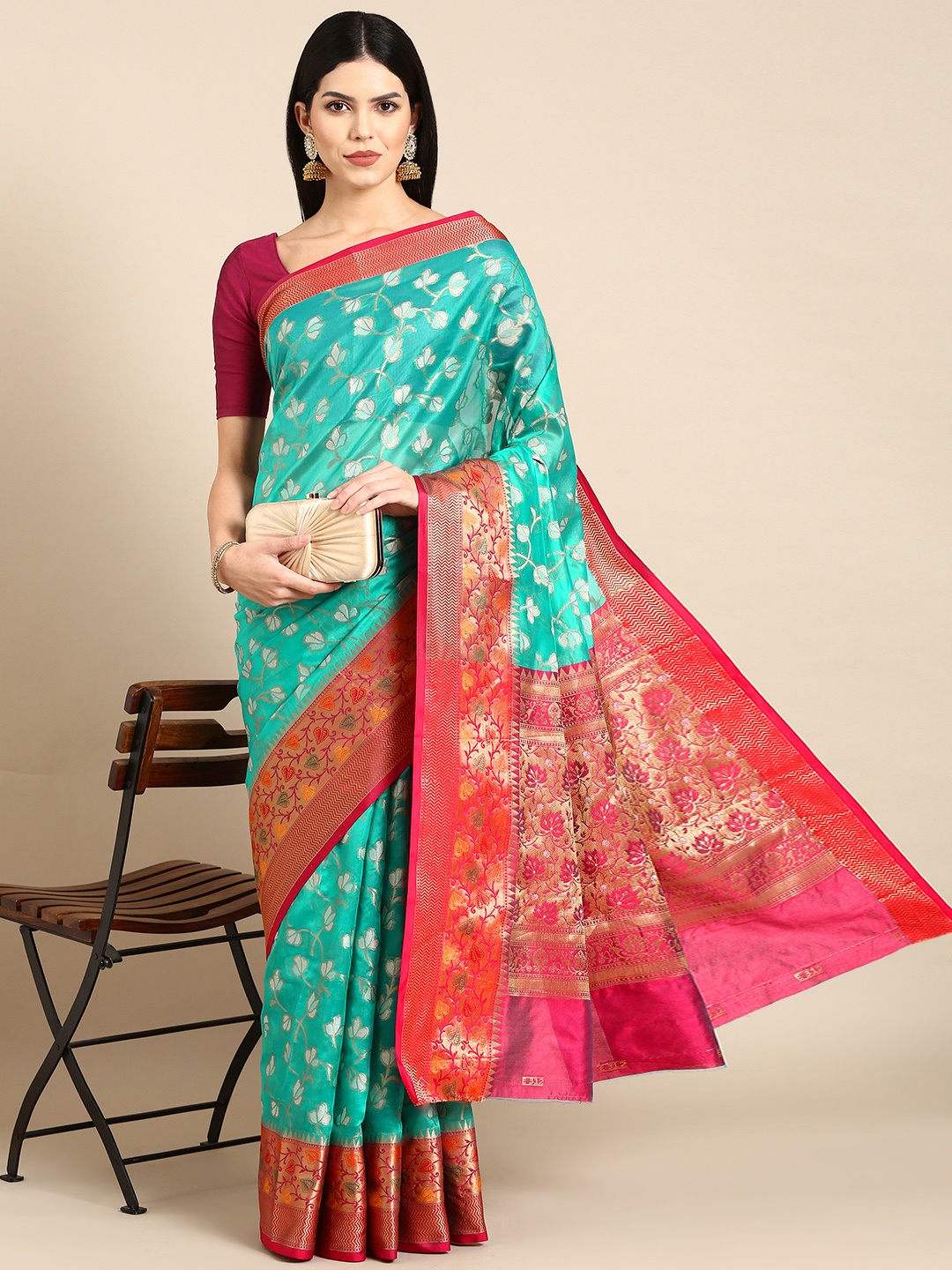 

Tasarika Woven Design Ethnic Motifs Zari Organza Banarasi Saree, Turquoise blue
