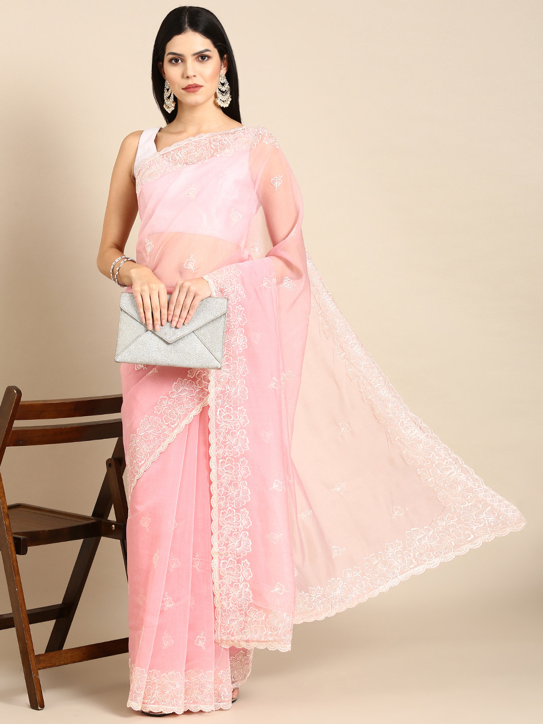 

Tasarika Floral Embroidered Organza Saree, Pink