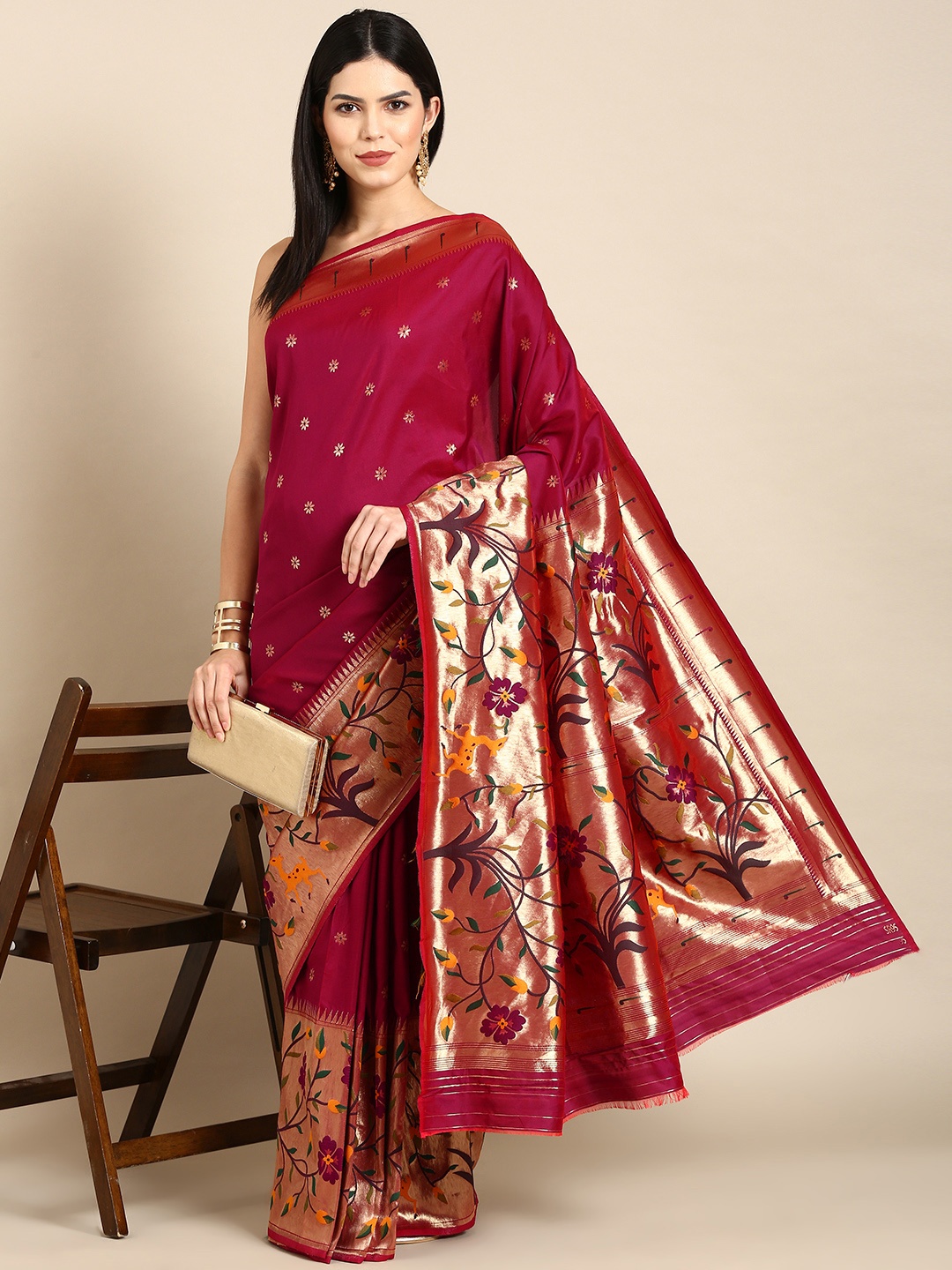 

Tasarika Woven Design Ethnic Motifs Zari Paithani Saree, Maroon
