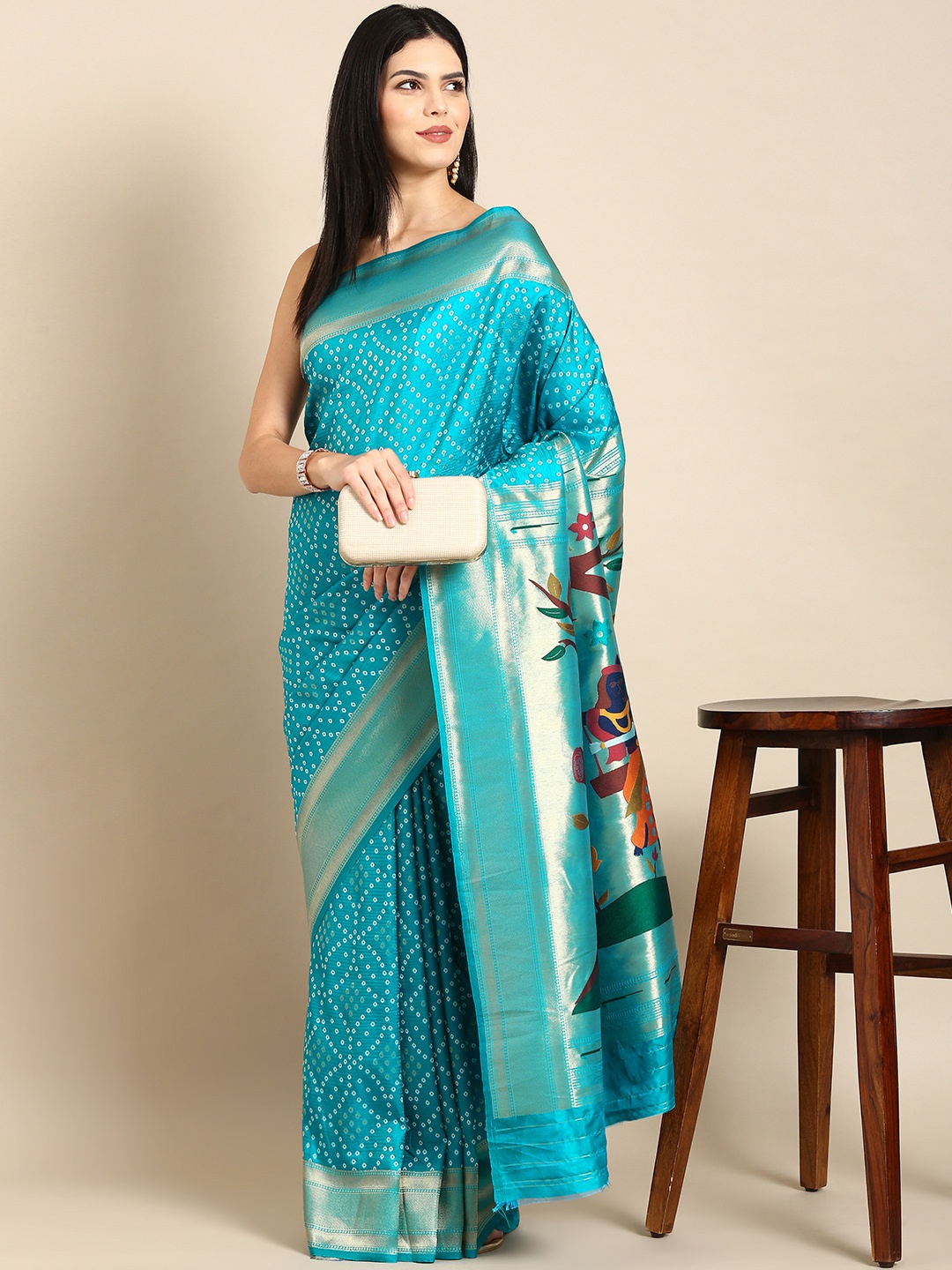 

Tasarika Woven Design Bandhani Zari Paithani Saree, Turquoise blue