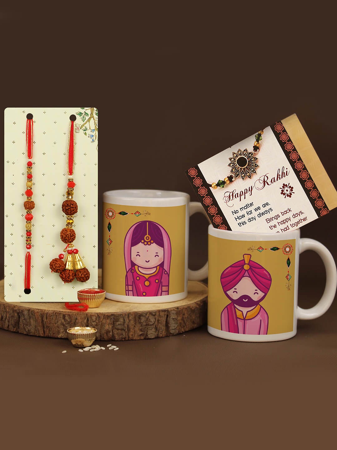

TIED RIBBONS Unisex Set Of 2 Beaded Rakhi with 2 Coffee Mugs & Card, Gold