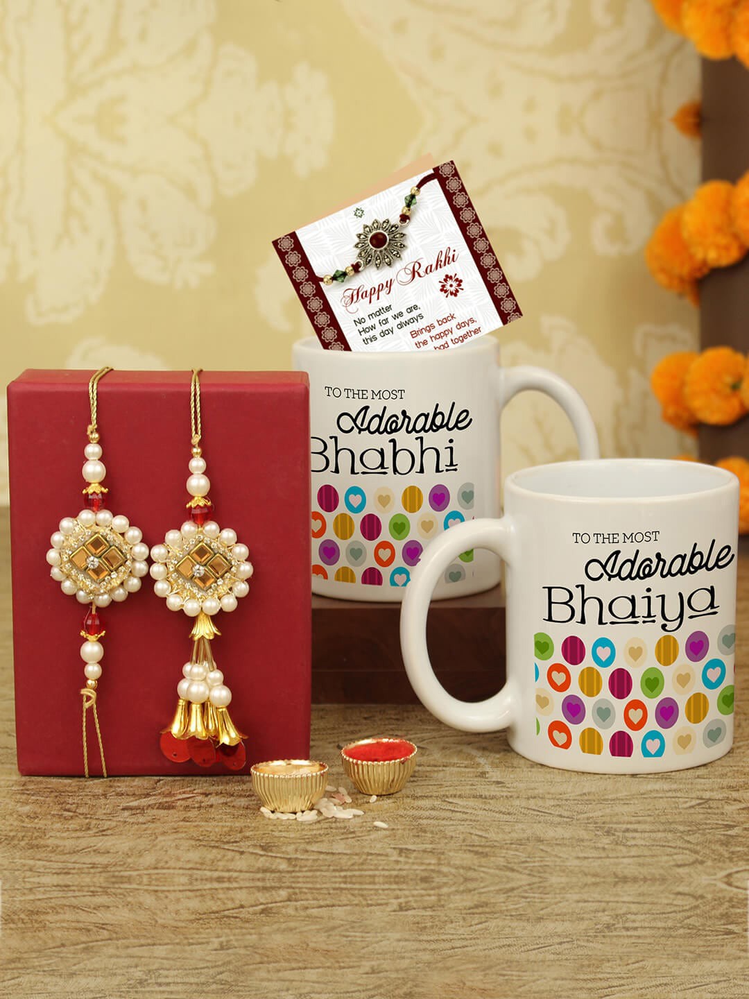 

TIED RIBBONS Set Of 2 Bhaiya Bhabhi Lumba Rakhi Gift Set With Coffee Mugs, Red