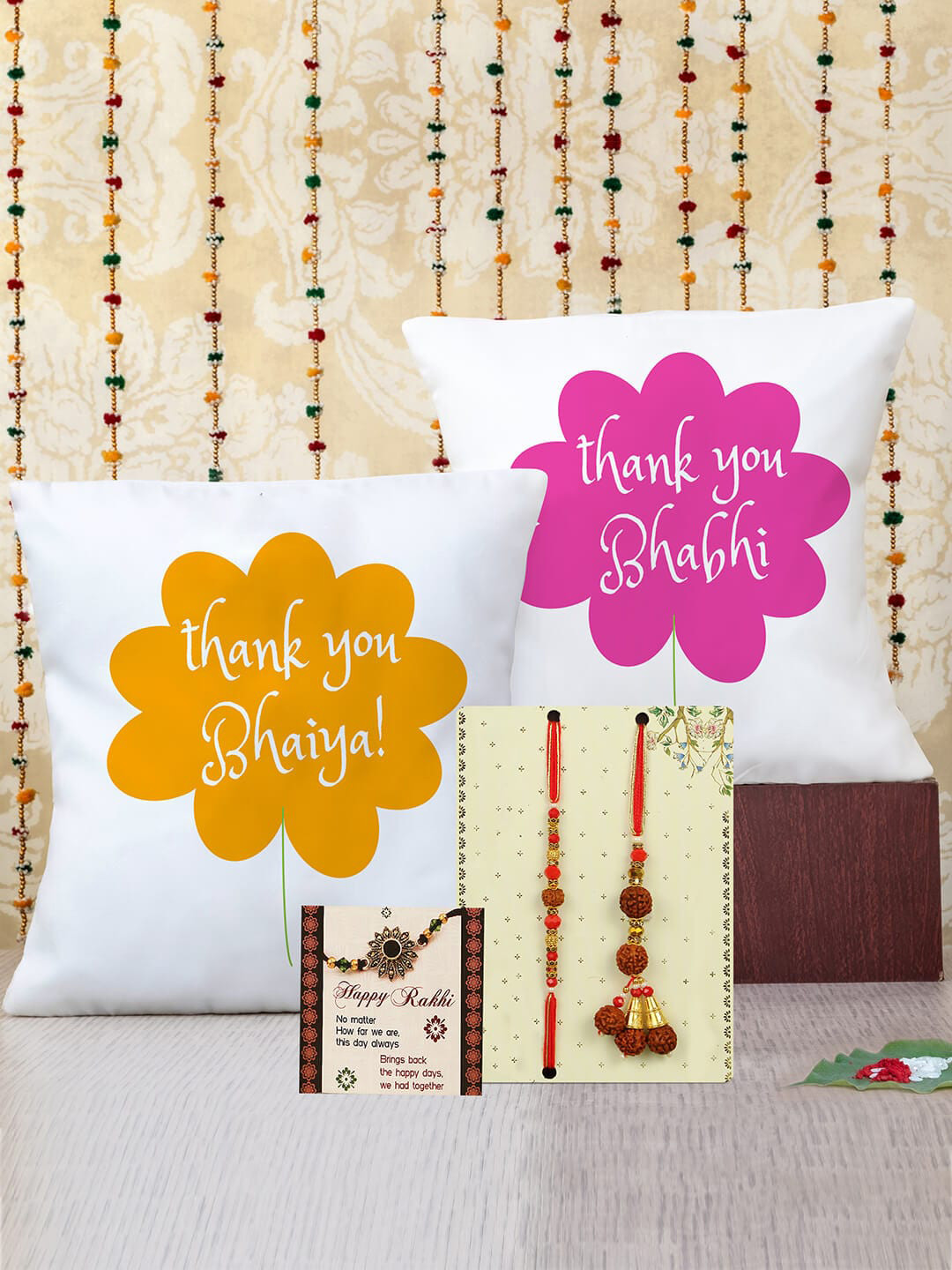 

TIED RIBBONS Set Of 2 Bhaiya Bhabhi Lumba Rakhi With Cushions Gift, Red