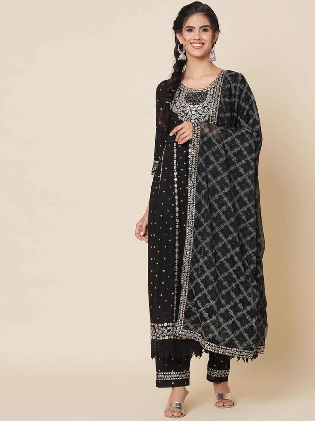 

Meeranshi Ethnic Motifs Embroidered Kurta with Trousers & Dupatta, Black