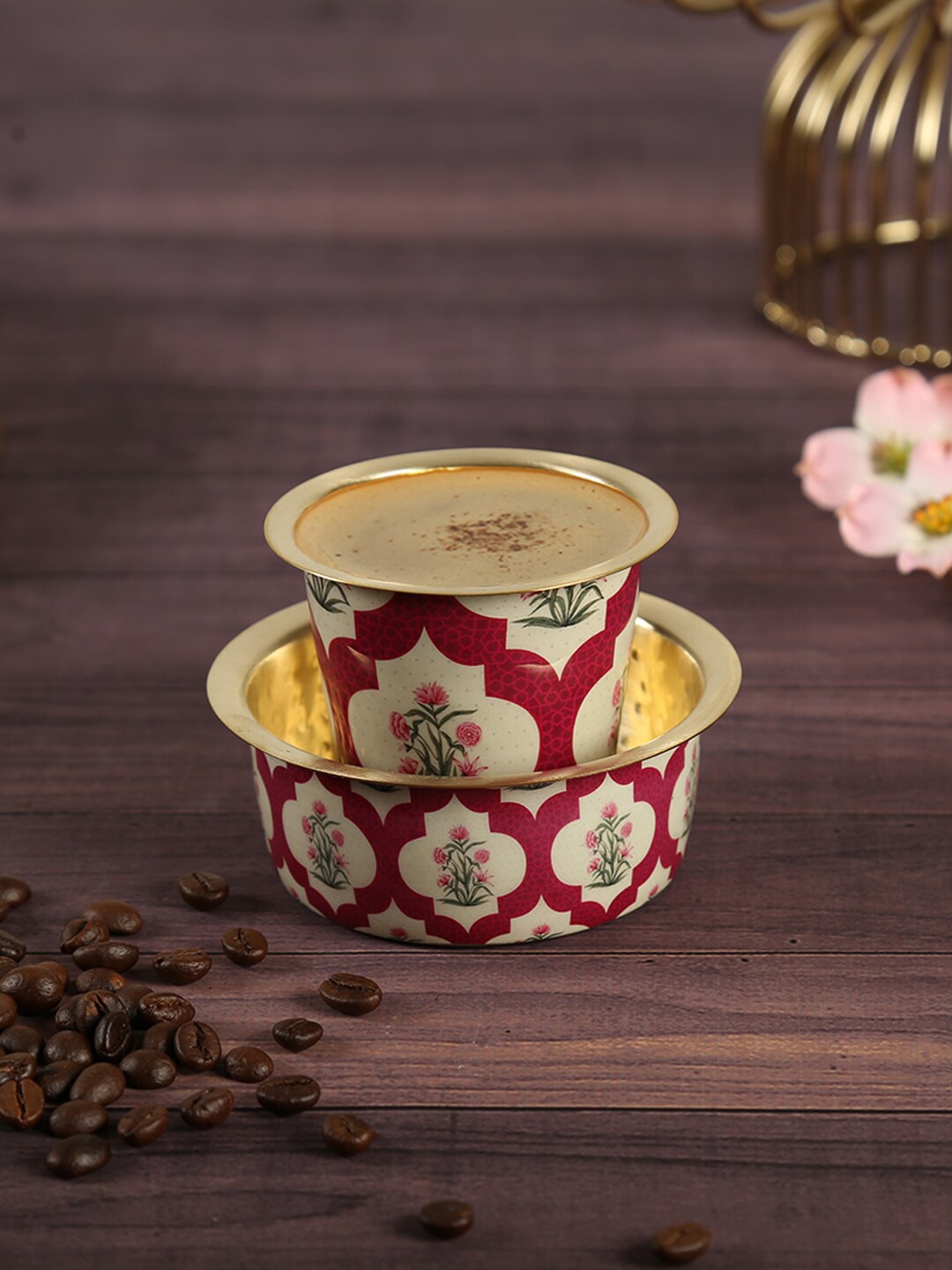 

India Circus by Krsnaa Mehta Red 2-Pieces Printed Brass Matte Coffee Tumbler Set