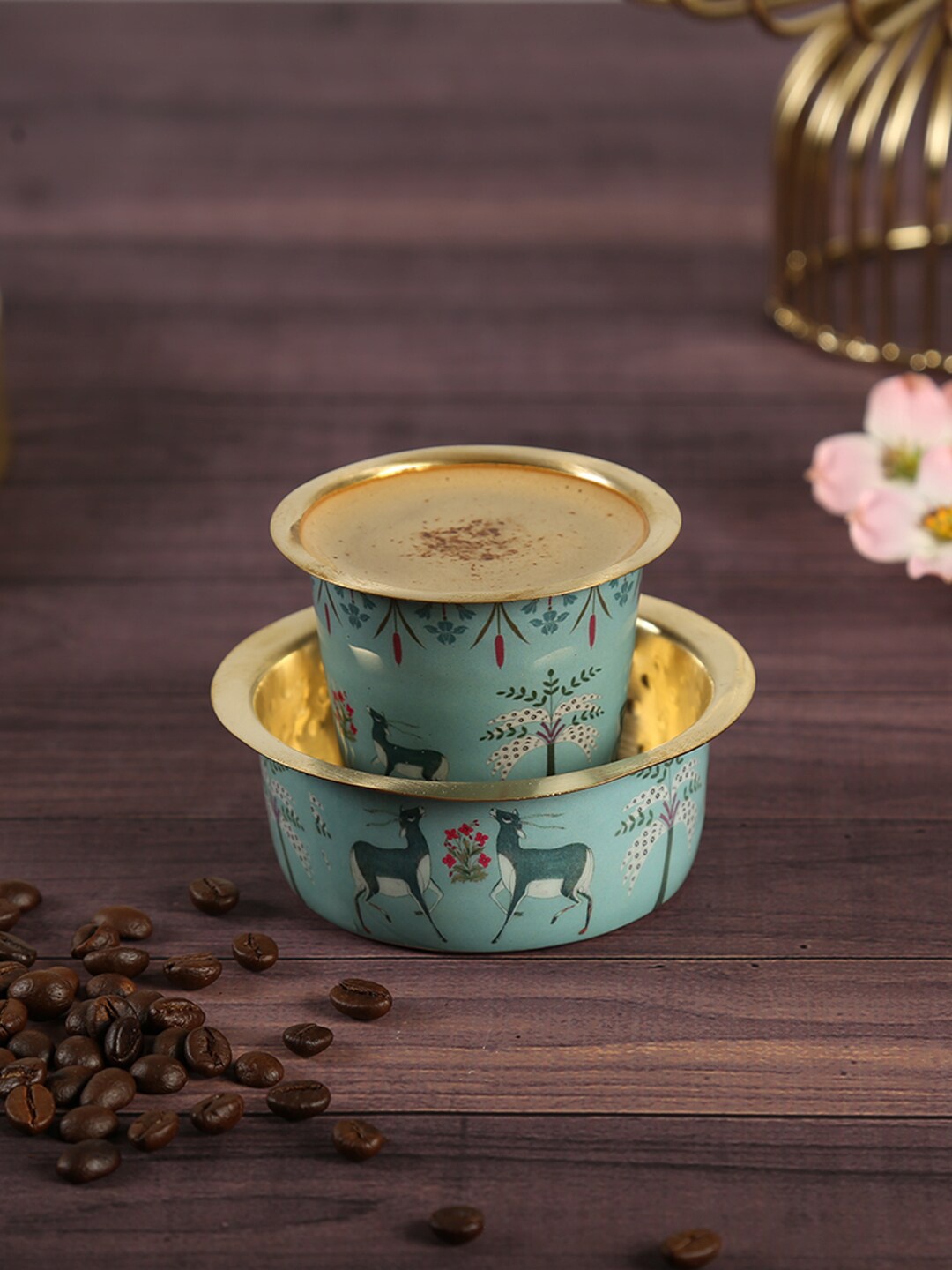 

India Circus by Krsnaa Mehta Green 2-Pieces Printed Brass Matte Coffee Tumbler Set