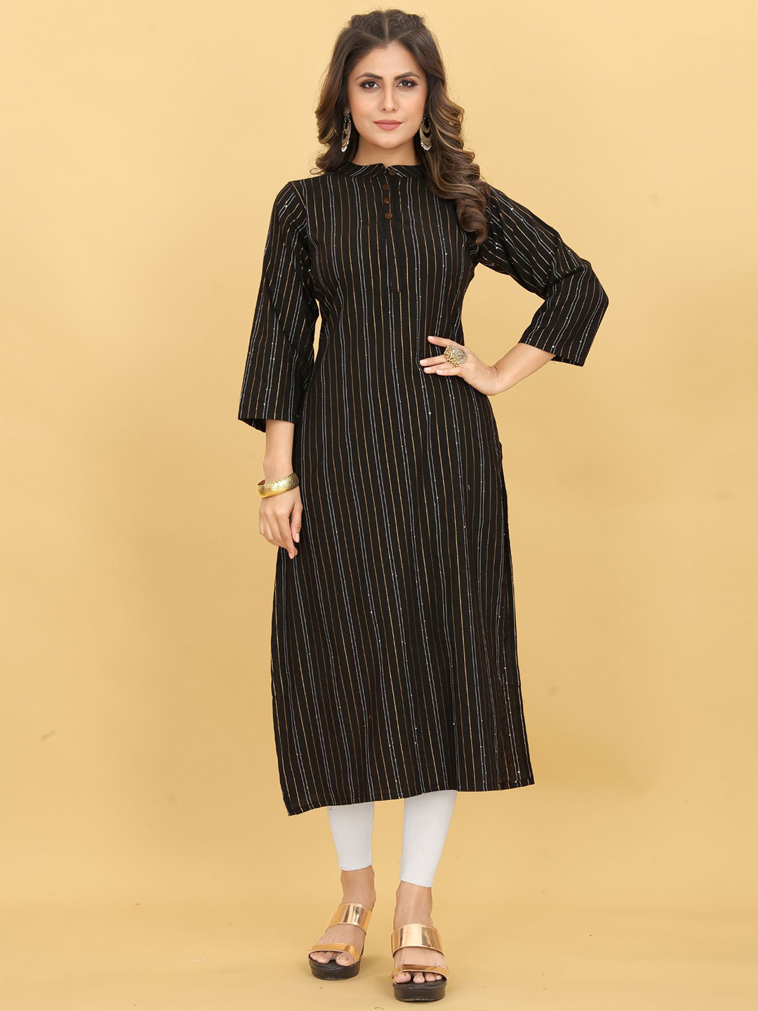 

KALINI Band Collar Striped Printed Sequins Detail Pure Cotton Straight Kurta, Black