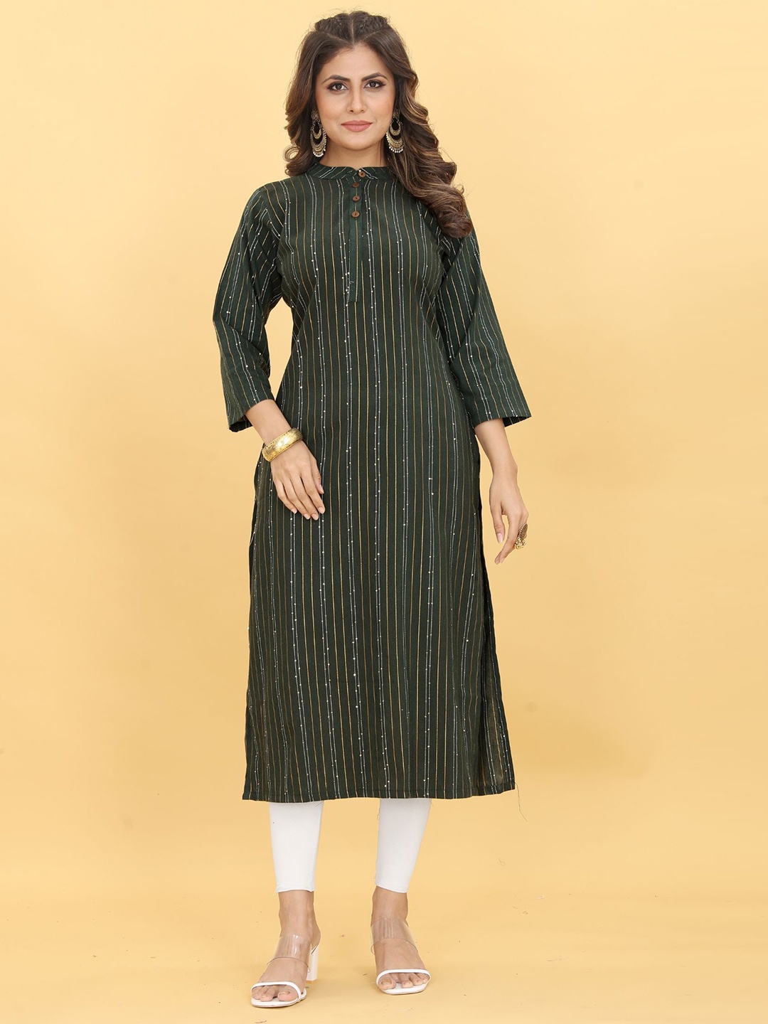 

KALINI Striped Band Collar Sequinned Straight Cotton Kurta, Green