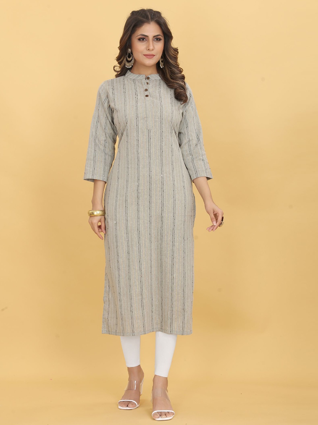 

KALINI Woven Design Band Collar Straight Kurta, Grey