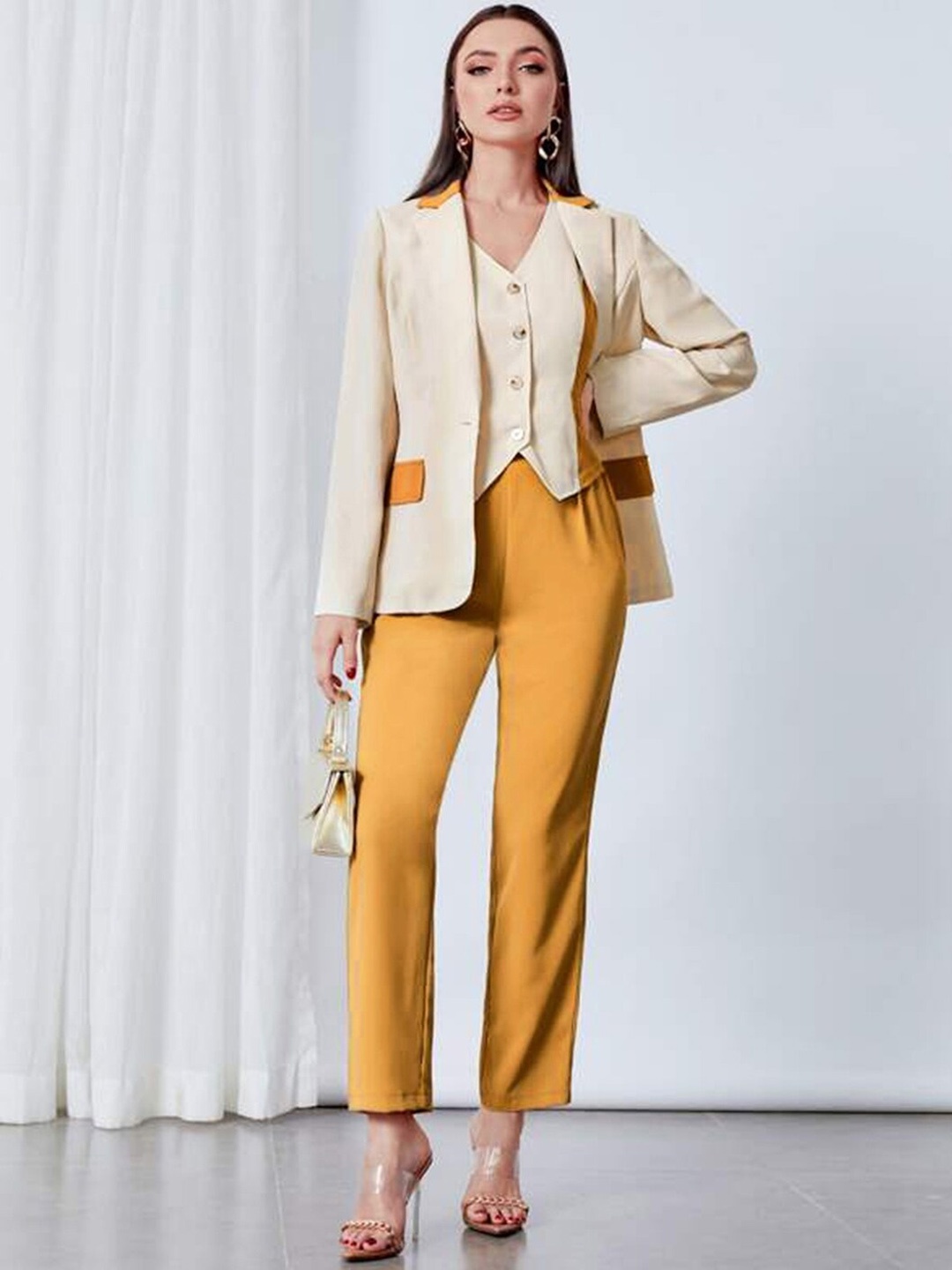 

Selvia Colourblocked Top & Trousers With Coat, Mustard