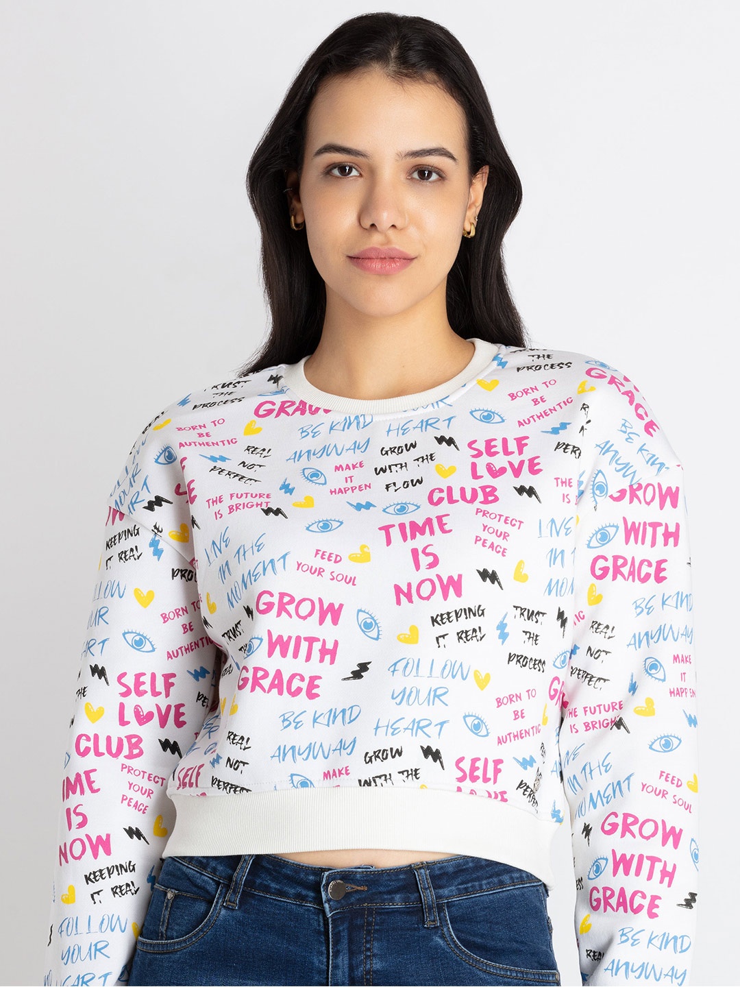 

Status Quo Typography Printed Hooded Crop Sweatshirt, Off white