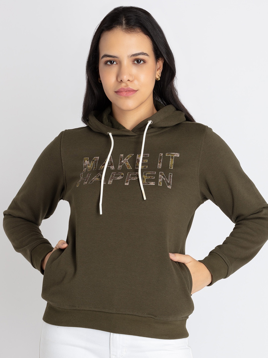 

Status Quo Typography Printed Hooded Cotton Sweatshirt, Olive