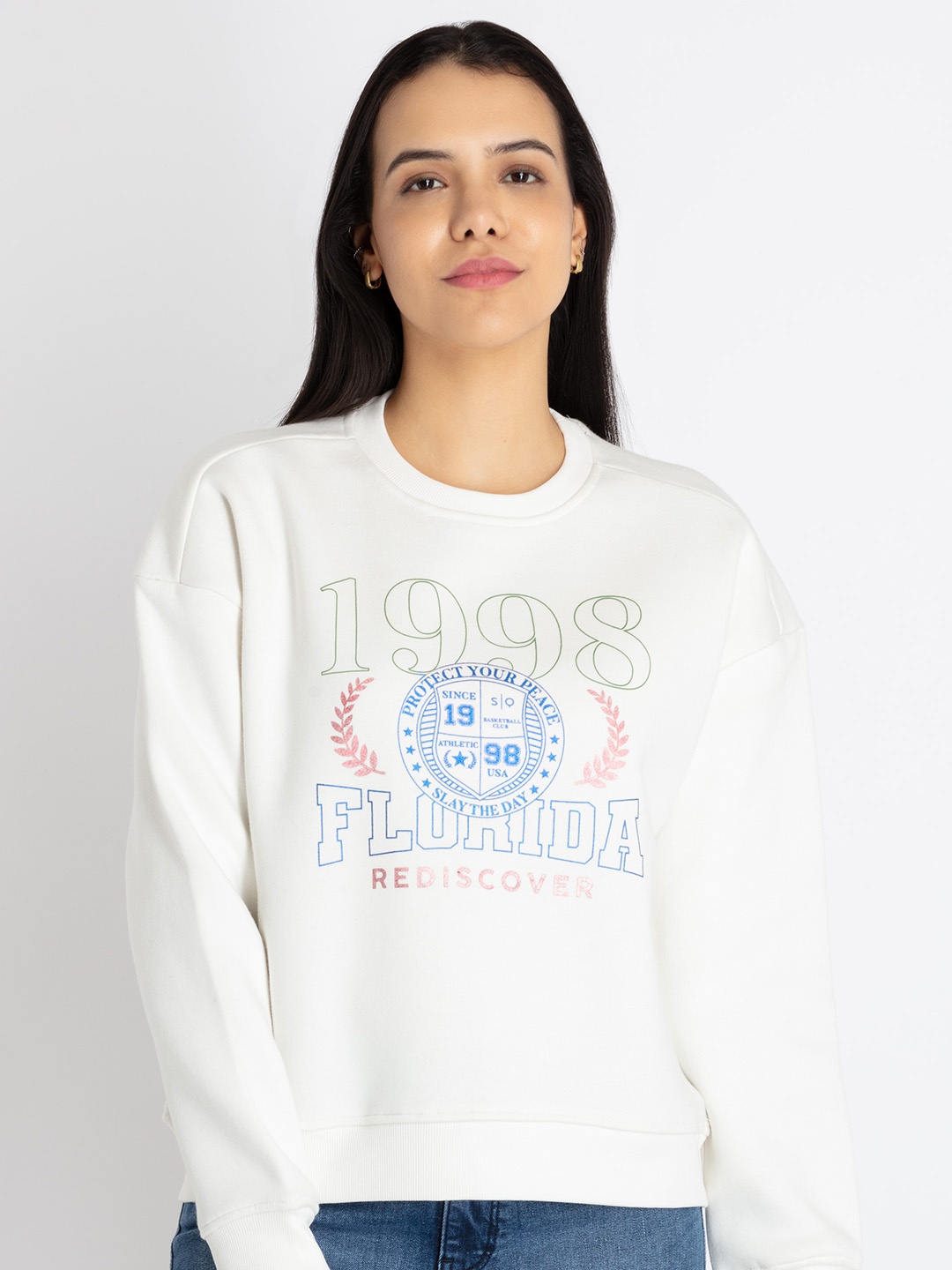 Status Quo Typography Printed Cotton Sweatshirt, Off white