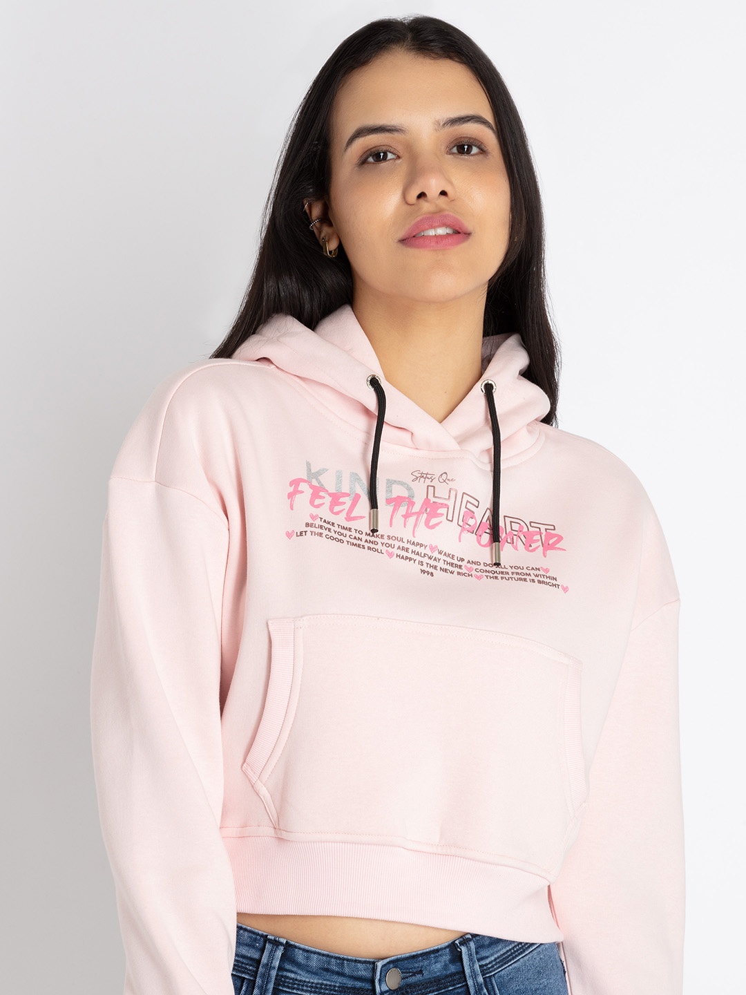 Status Quo Printed Cotton Hooded Crop Sweatshirt, Pink