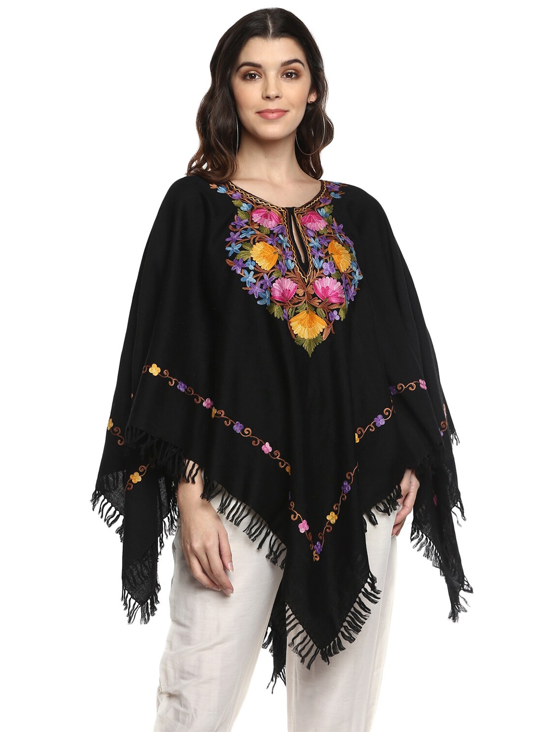 

CRAFTBAZAR Embroidered Woollen Poncho, Black