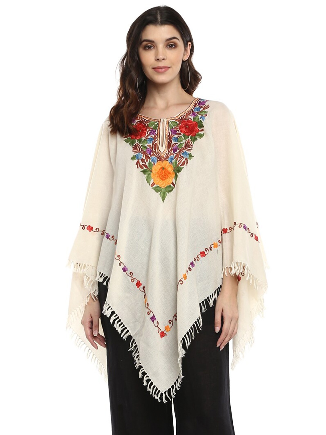

CRAFTBAZAR Embroidered Woollen Poncho, White