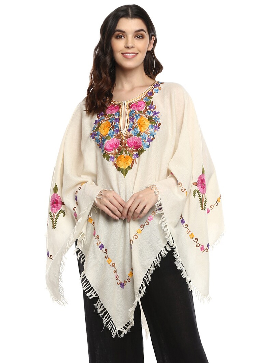 

CRAFTBAZAR Embroidered Woollen Poncho, White