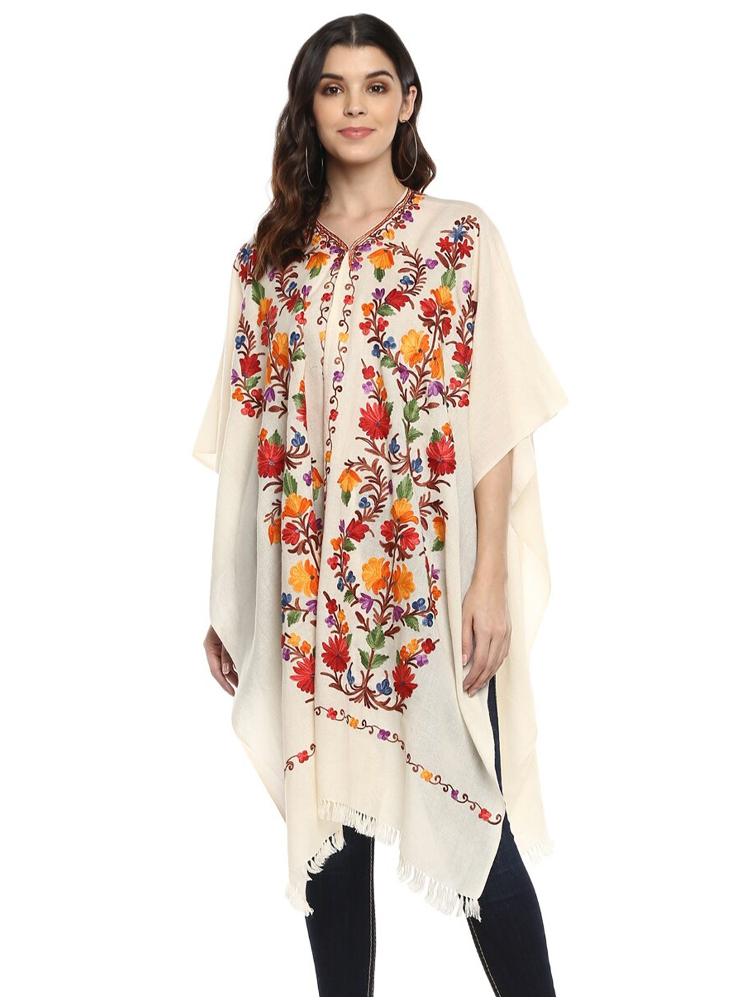 

CRAFTBAZAR Embroidered Woollen Poncho, White