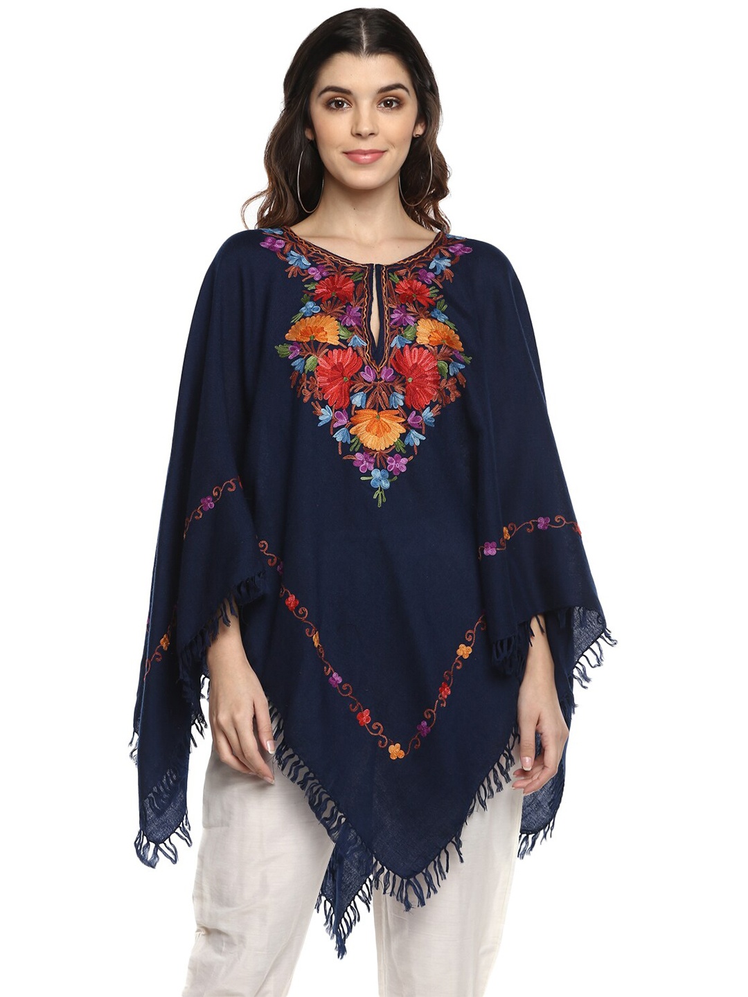 

CRAFTBAZAR Embroidered Woollen Poncho, Navy blue