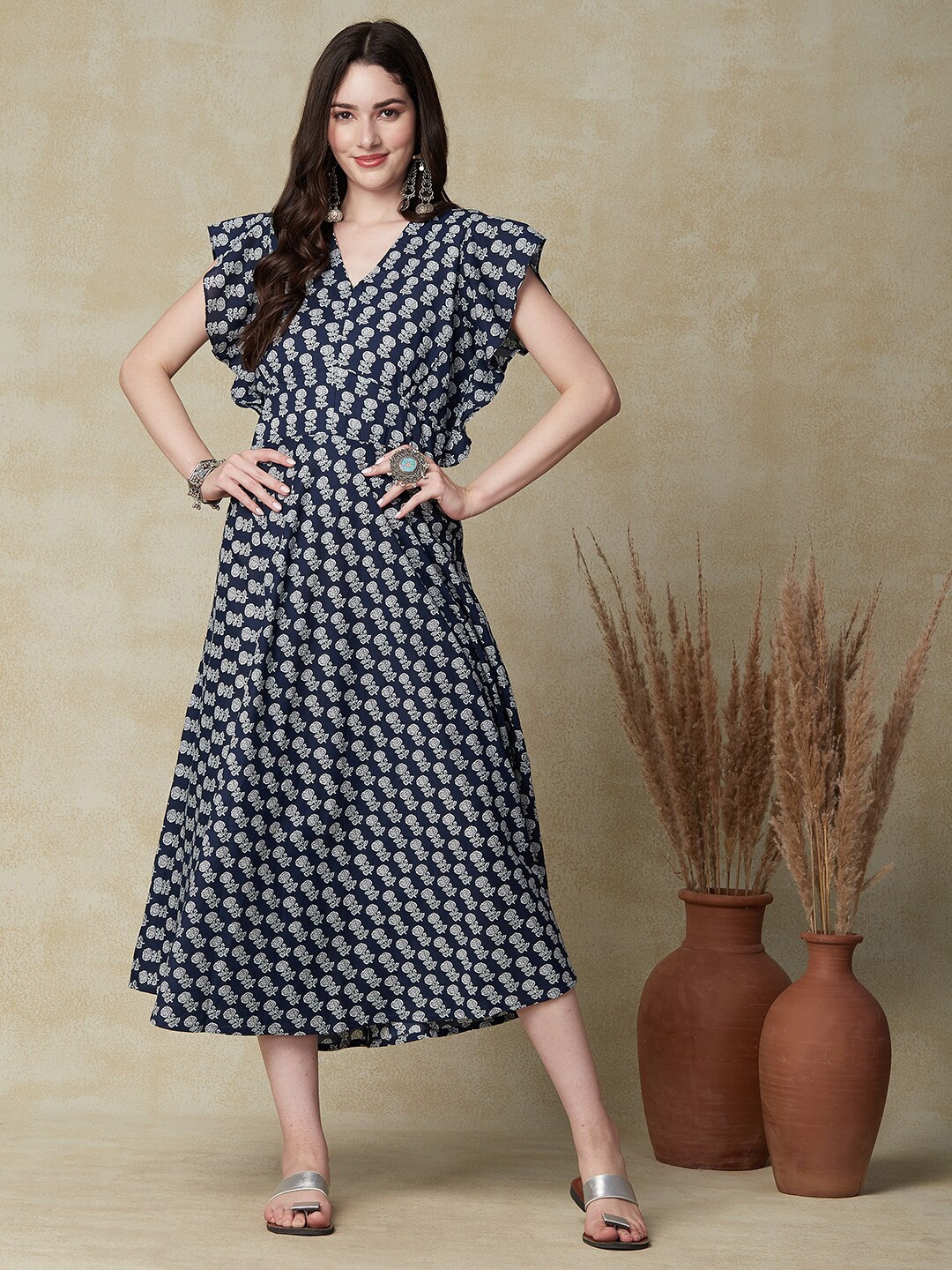 

FASHOR Blue Floral Printed Flutter Sleeve Cut-Out Cotton A-Line Midi Dress