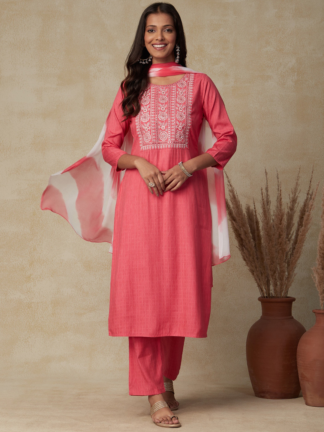 

FASHOR Coral Ethnic Motifs Embroidered Kurta With Trousers & Dupatta