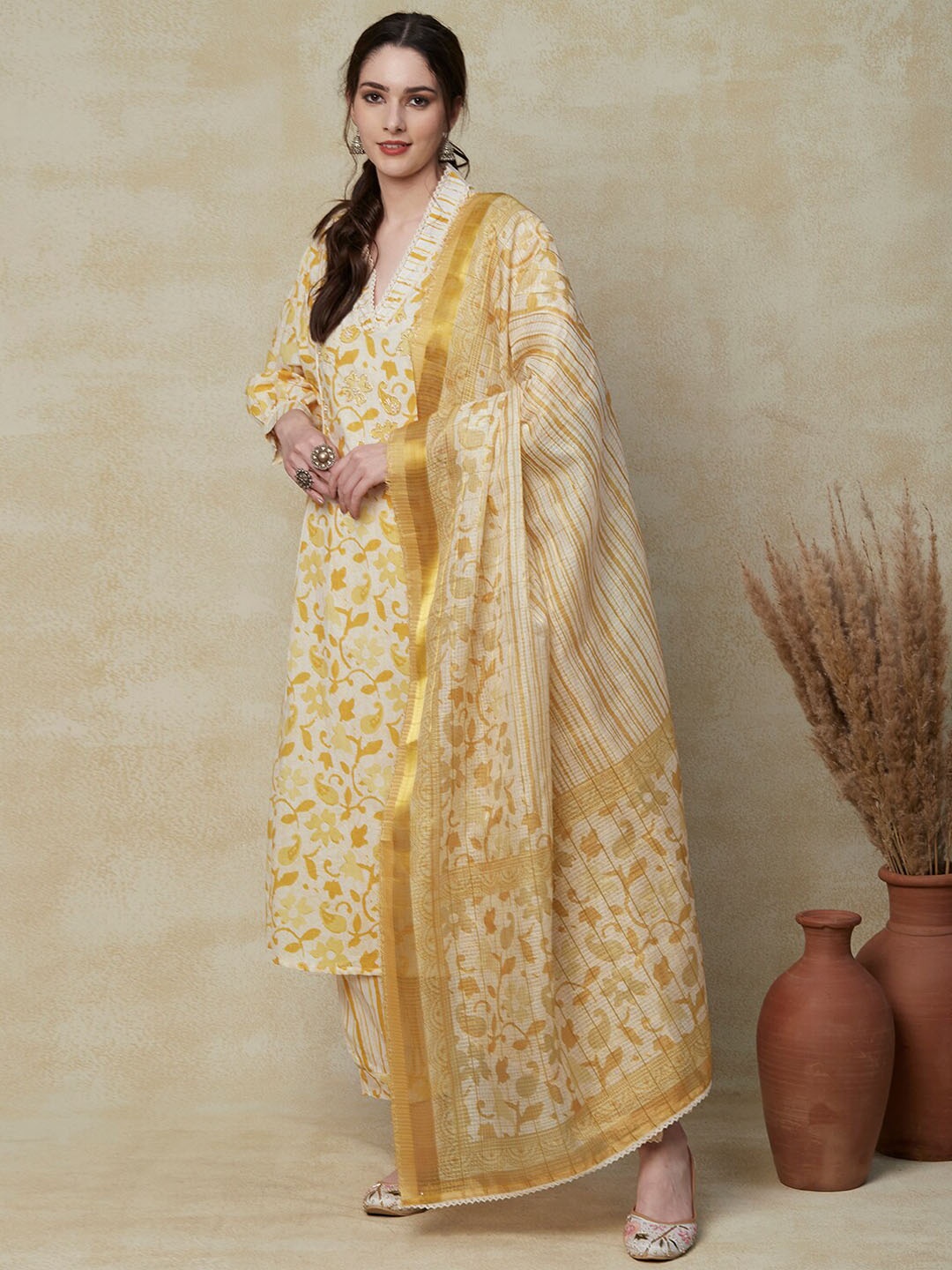 

FASHOR Ethnic Motifs Printed Thread Work Pure Cotton Kurta With Trousers & Dupatta, Yellow