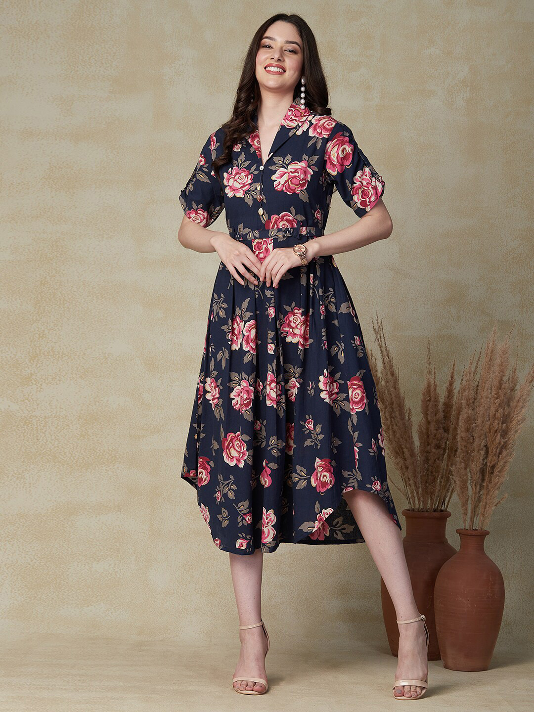 

FASHOR Navy Blue Floral Printed Shirt Collar Cotton Fit & Flare Midi Dress