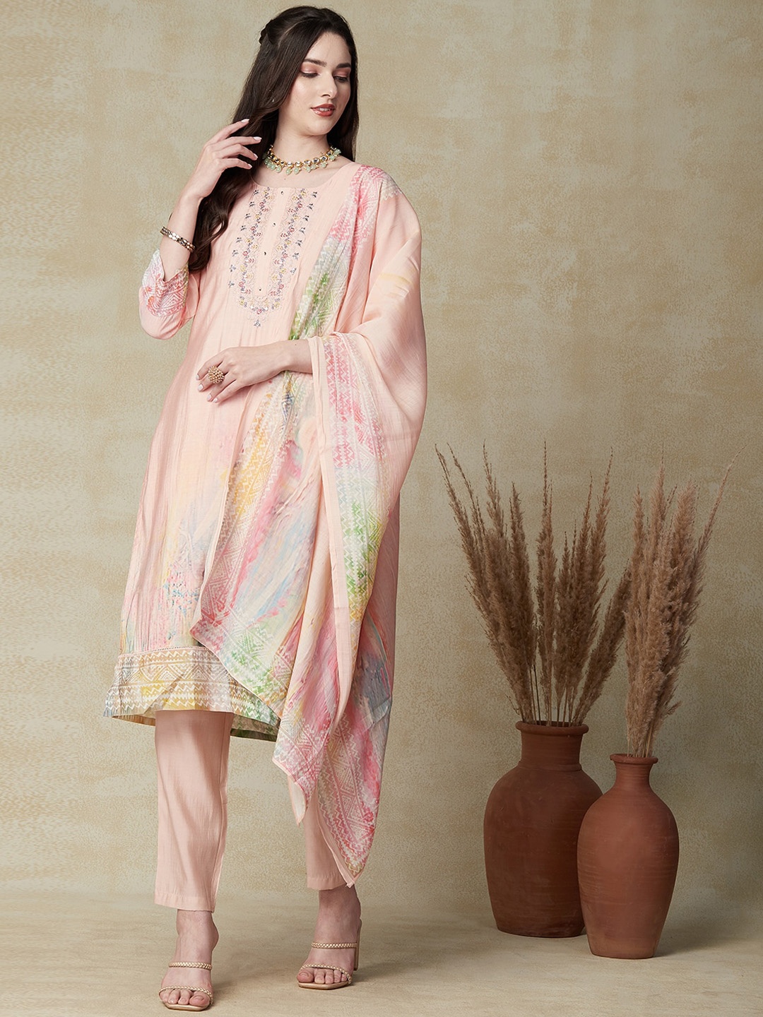 

FASHOR Floral Embroidered Sequinned Kurta With Trousers & Dupatta, Peach