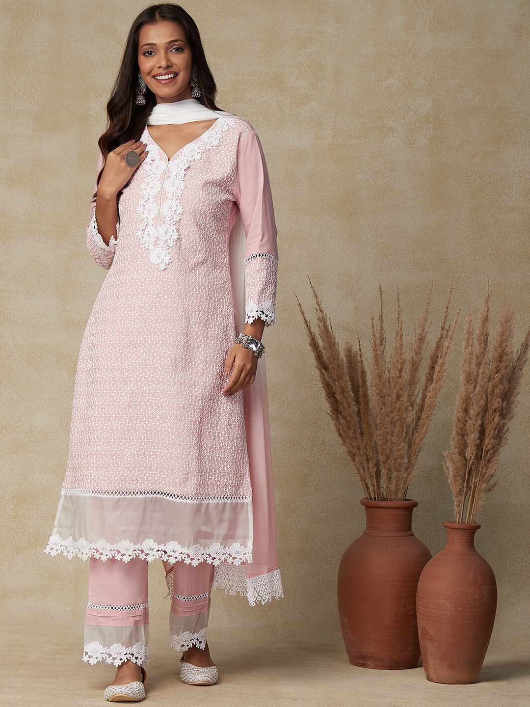 

FASHOR Peach-Coloured Floral Embroidered Thread Work Kurta With Trousers & Dupatta