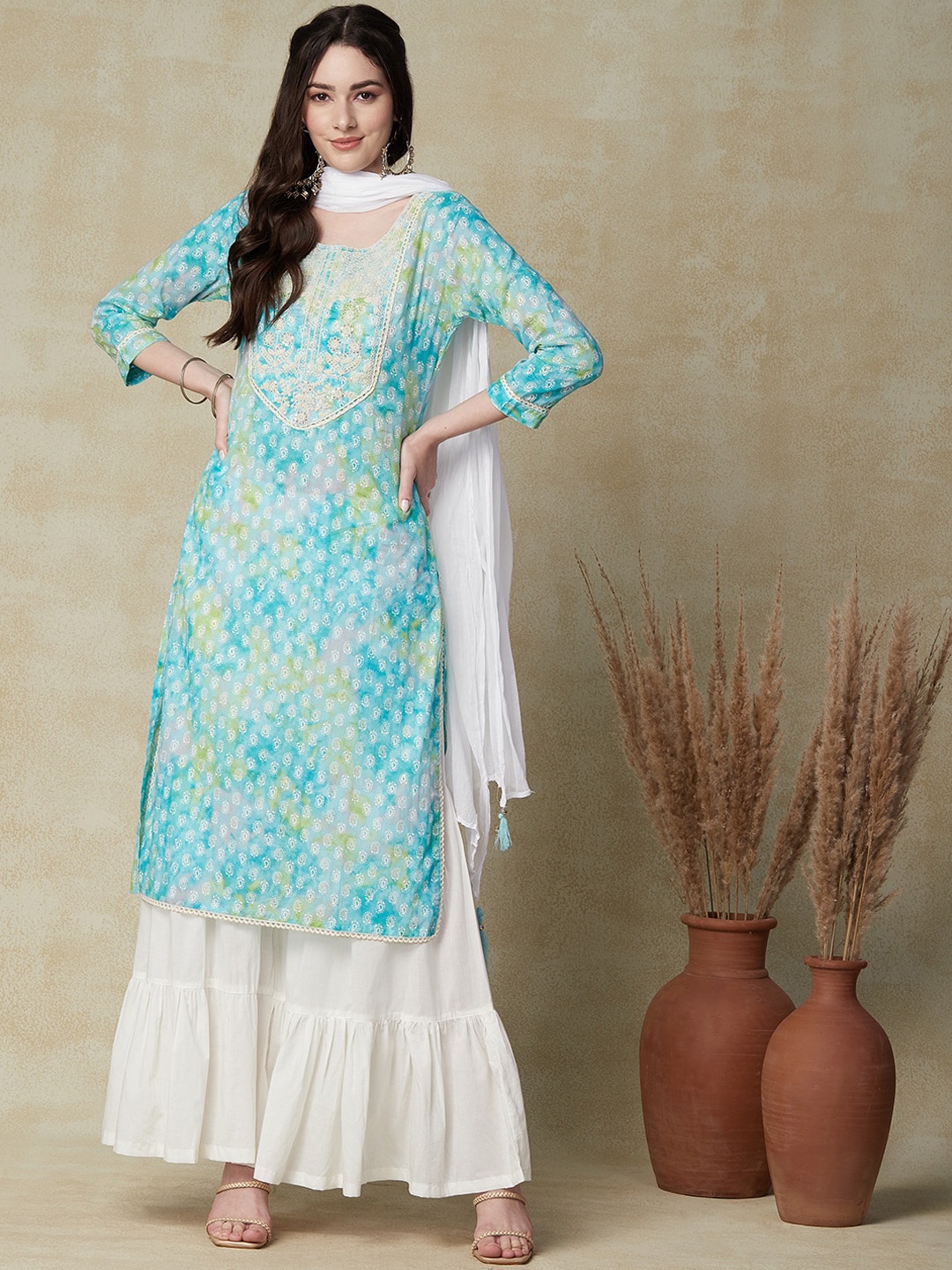 

FASHOR Paisley Printed Thread Work Pure Cotton Kurta With Sharara & Dupatta, Sea green