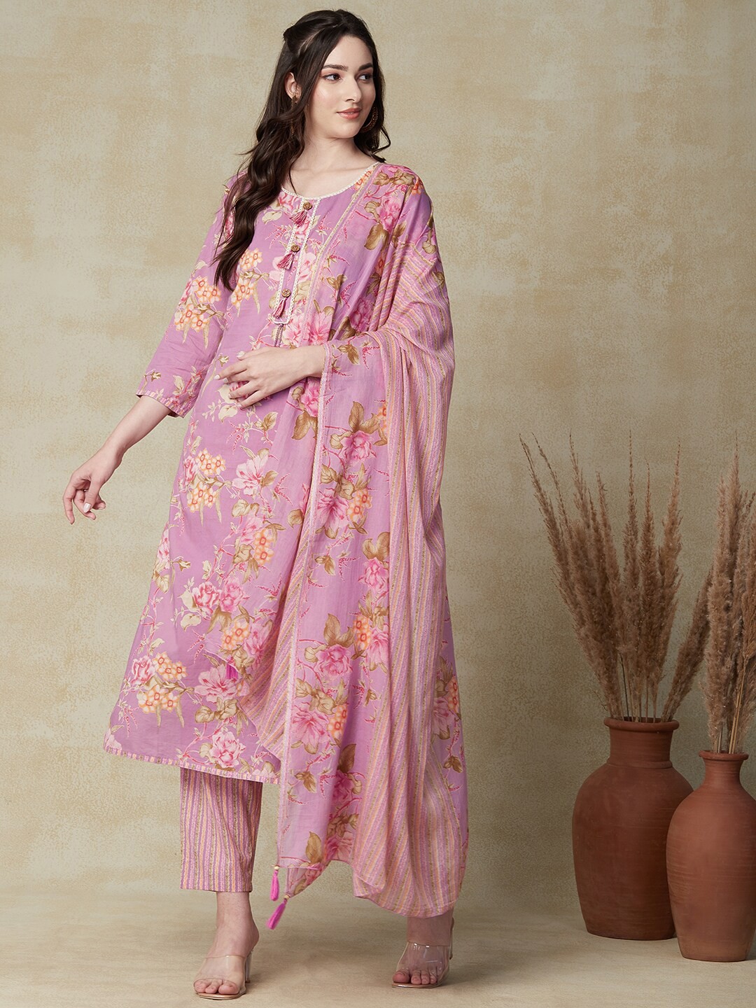 

FASHOR Mauve Floral Printed Pure Cotton Kurta With Trousers & Dupatta